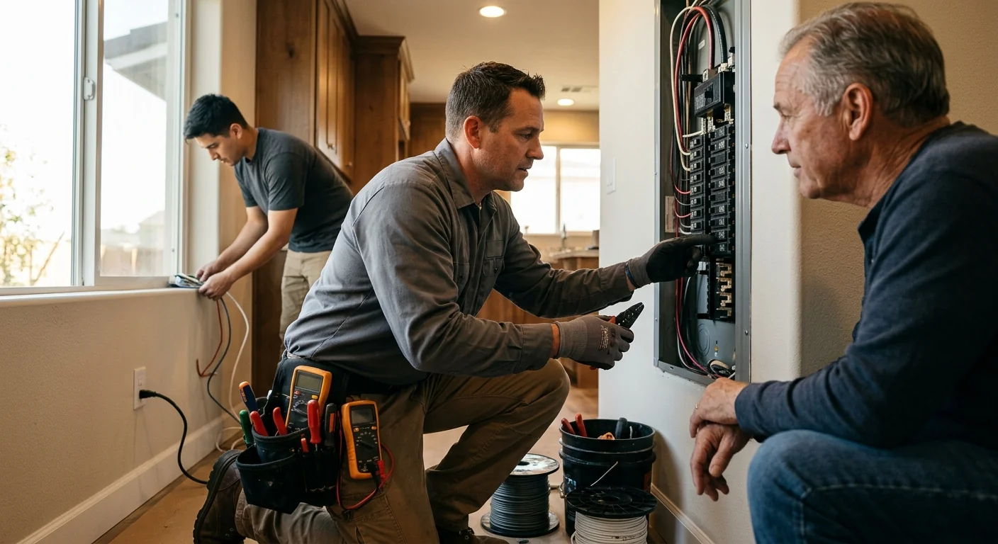 Electrician reviewing inspection checklist inside a well-maintained Beaumont home electrical panel