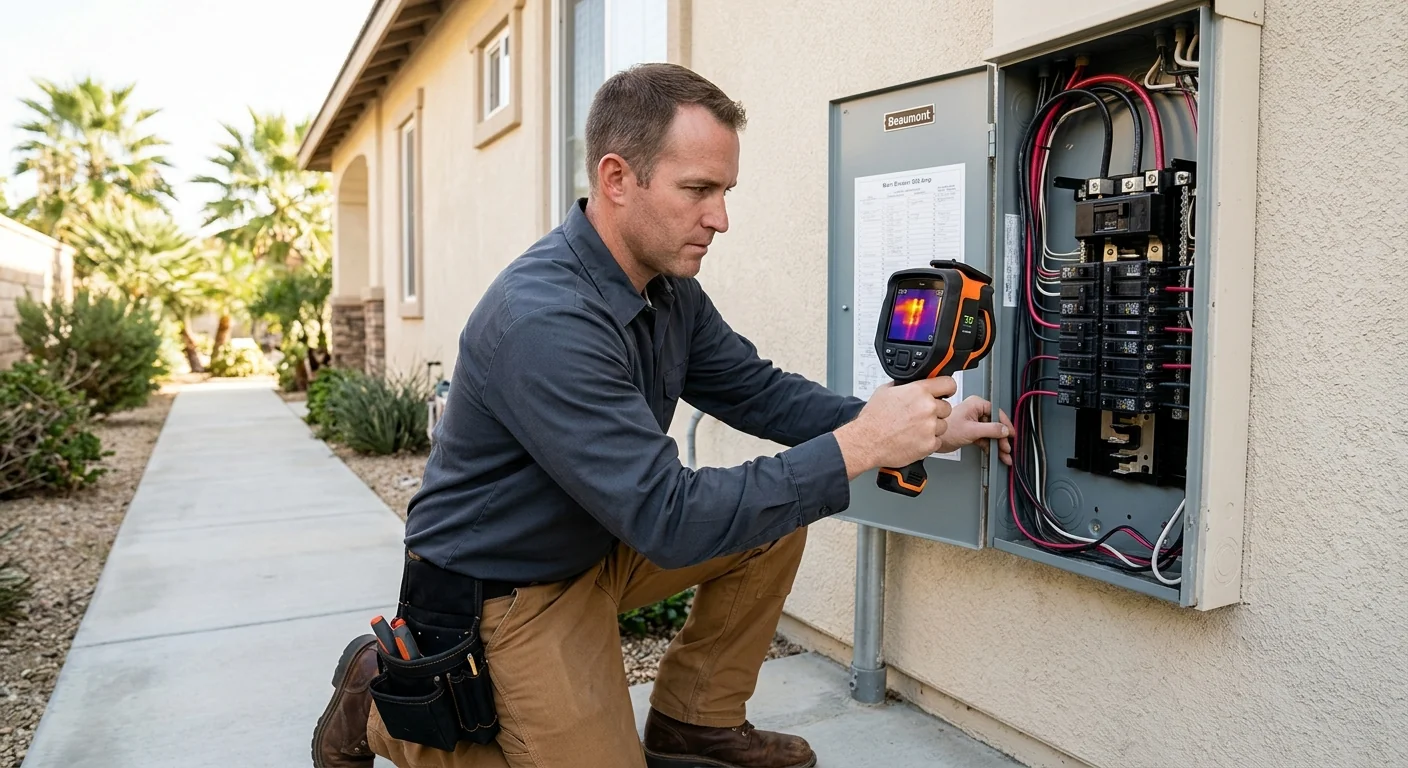Technician using thermal scanner on wiring inside a Beaumont breaker panel