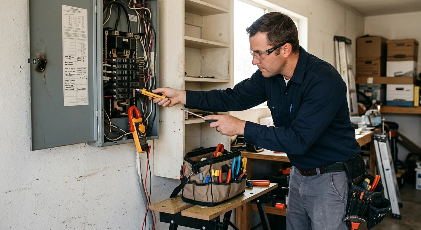 Electrician inspecting overloaded circuit breakers during a panel assessment