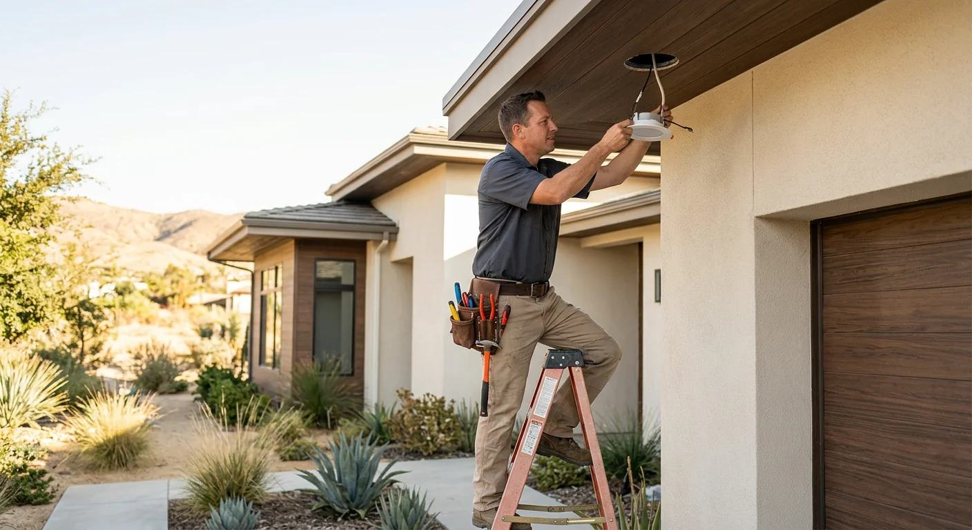 Electrician reviewing panel upgrade estimate at a Beaumont home service area