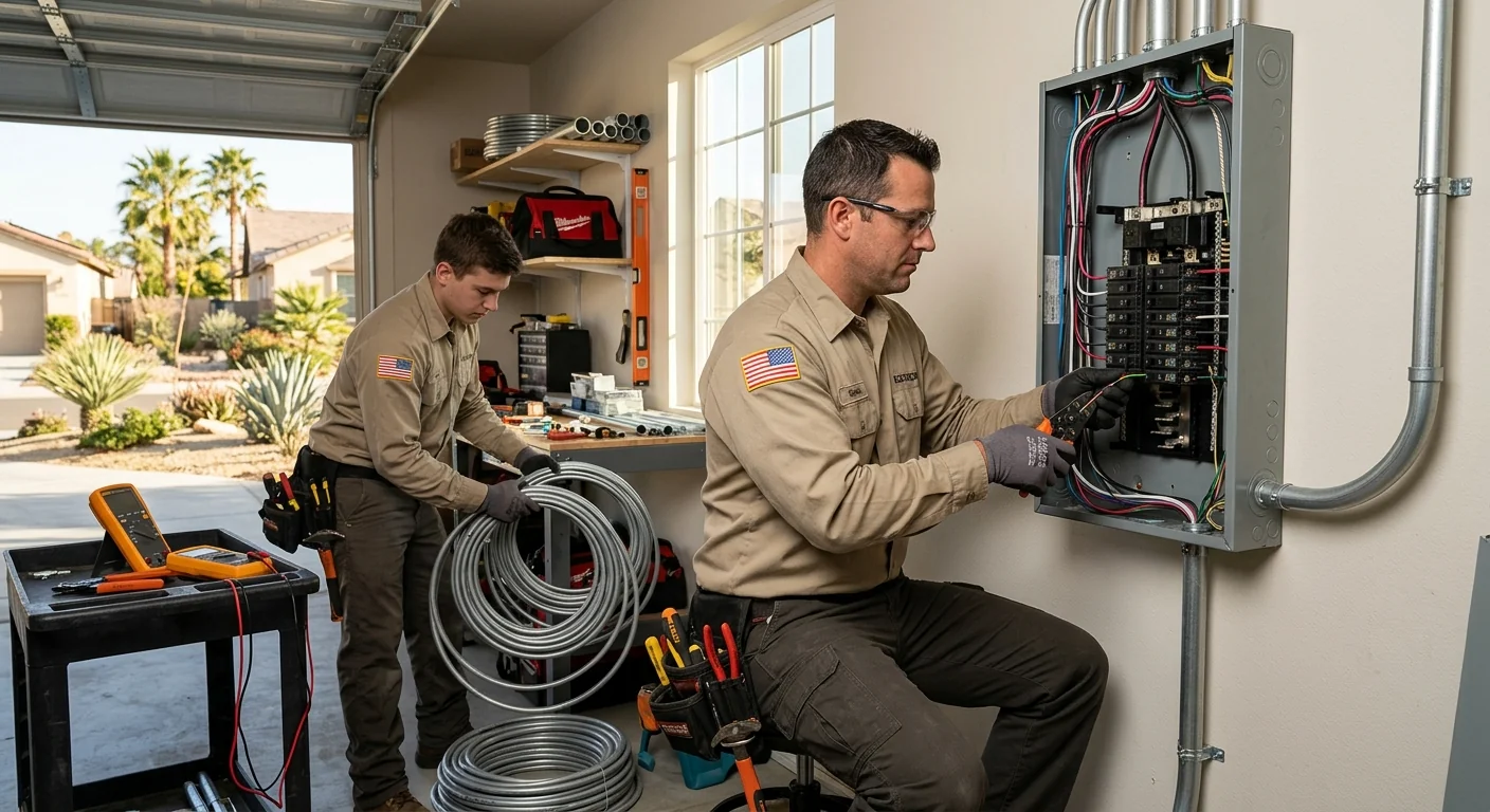 Electrician reviewing a written estimate with a homeowner at a Beaumont property
