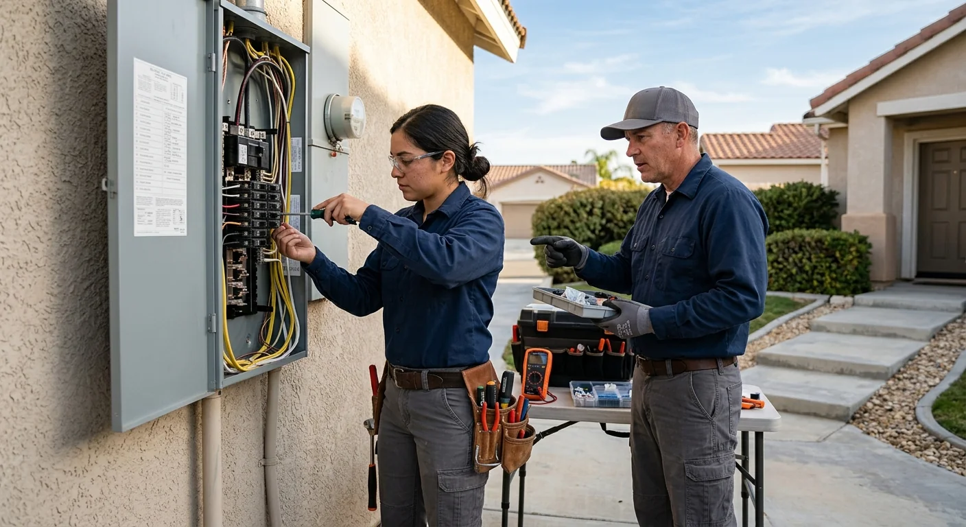 Electrician inspecting a residential service panel during an upgrade in Beaumont