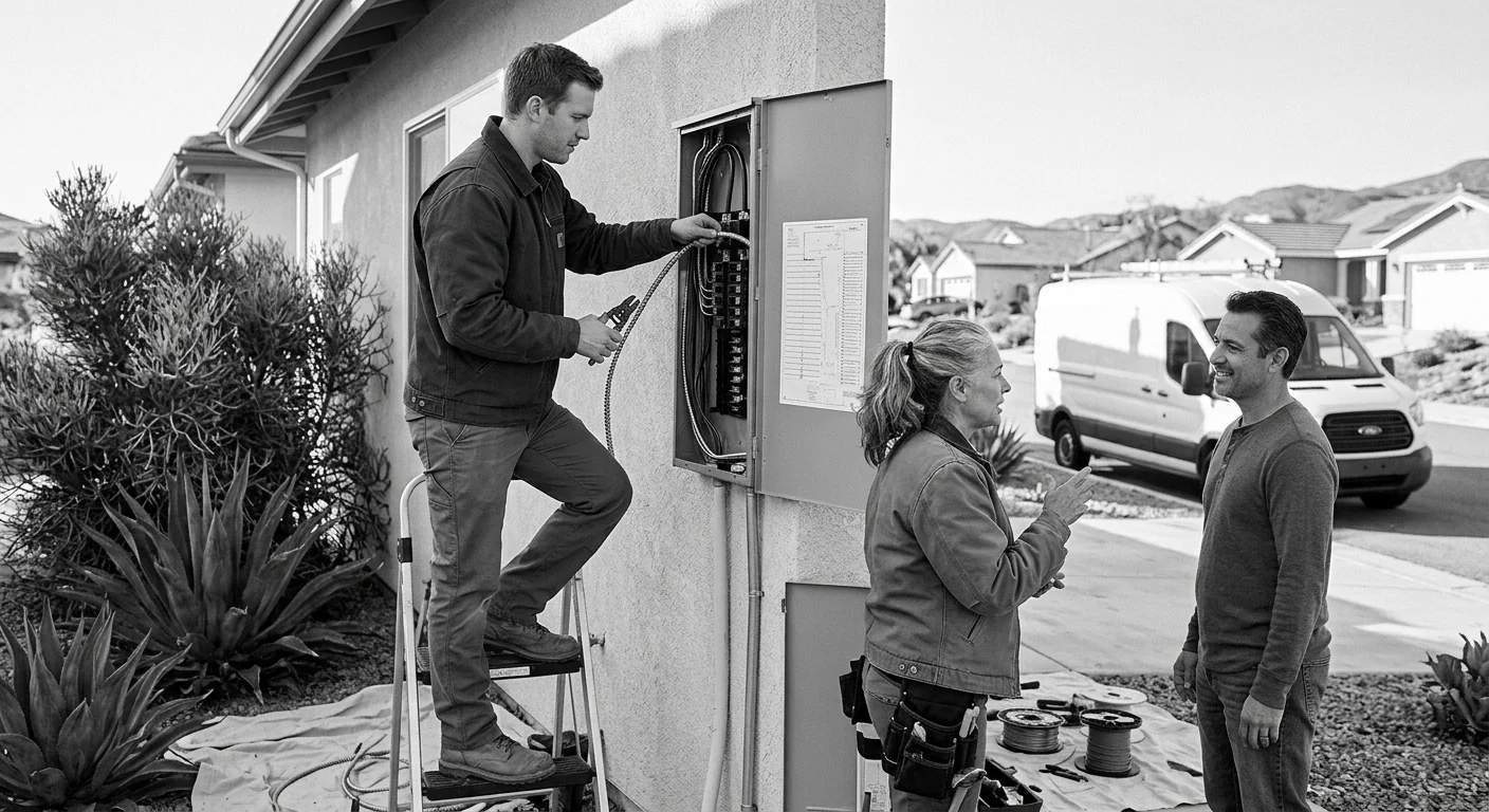 Electrician inspecting a damaged electrical panel during an emergency service call in Beaumont