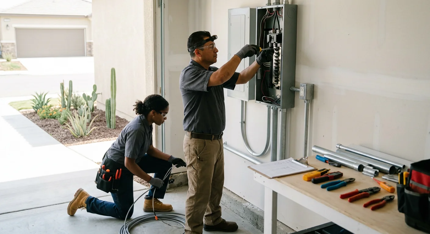 Electrician repairing a service panel during an emergency call at a Beaumont home