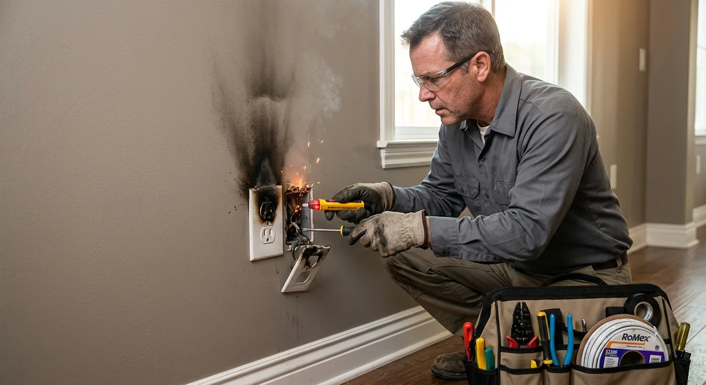 Sparking outlet and scorched wall plate signaling an urgent electrical fault