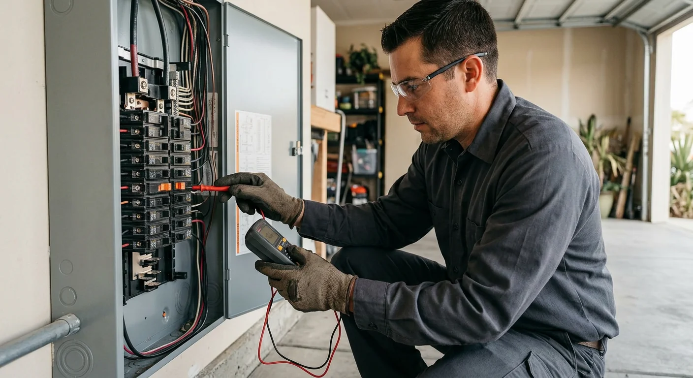 Technician testing a tripped breaker panel in a Beaumont residence