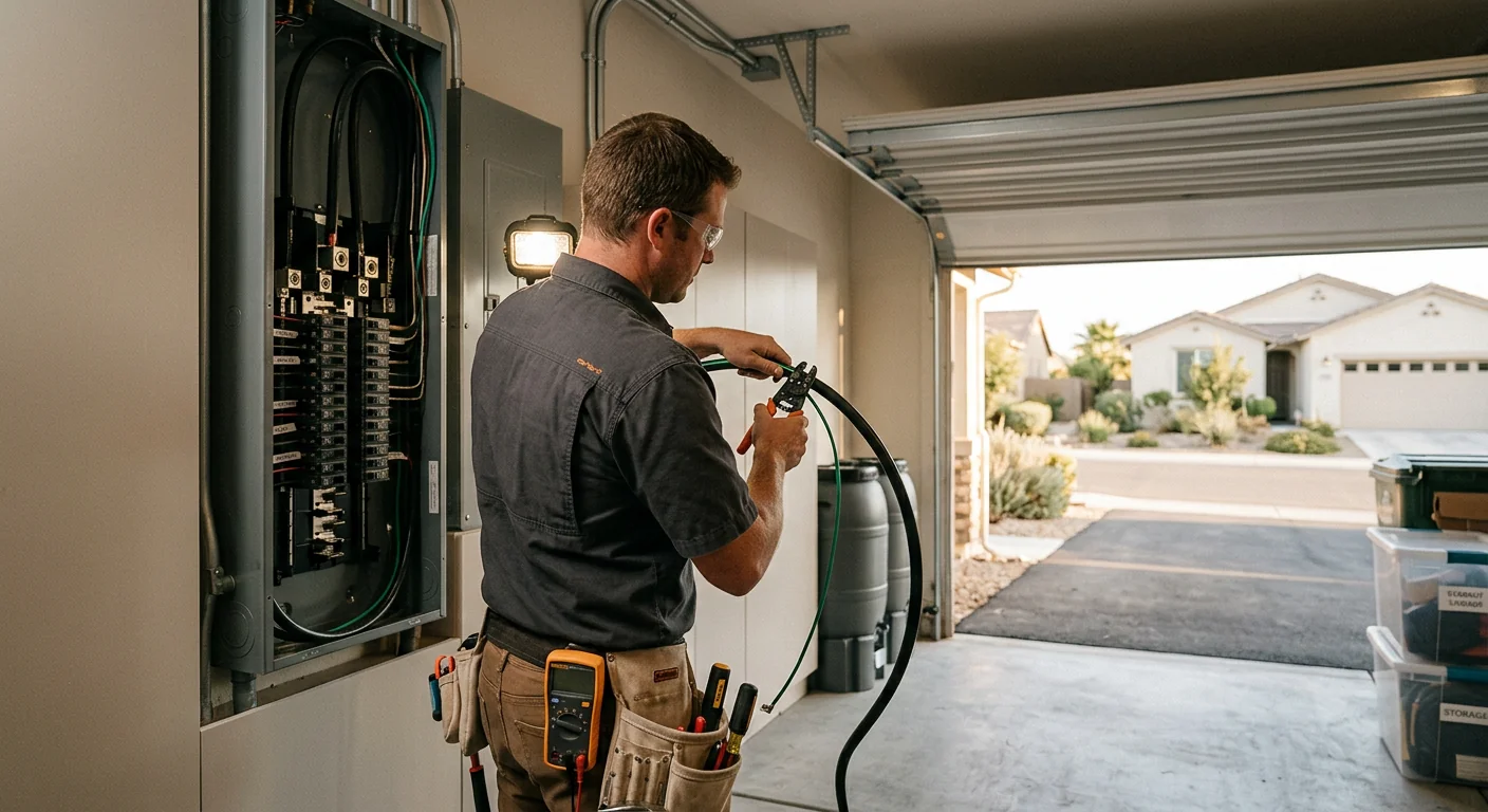 Electrician mounting a Level 2 EV charger on a clean garage wall in Beaumont