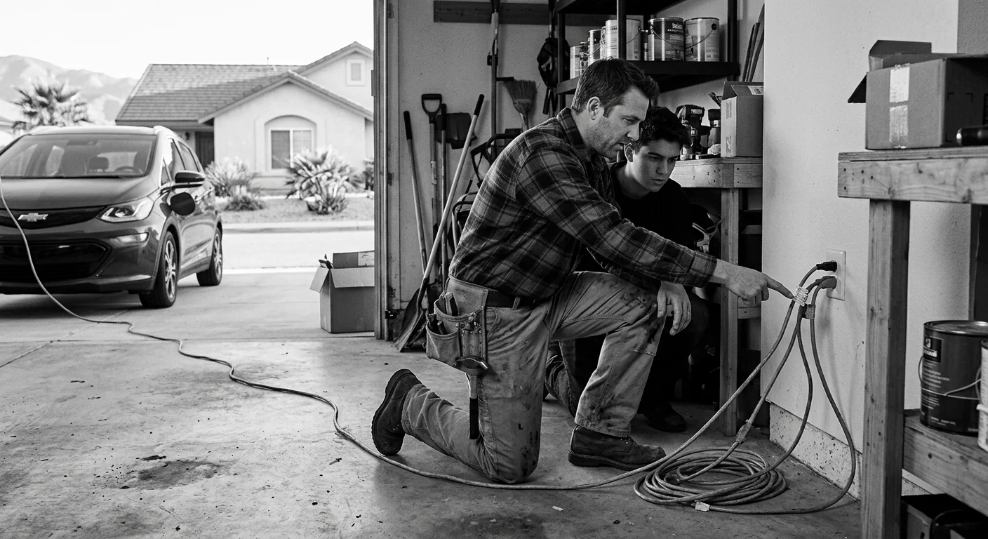 Overloaded garage outlet with extension cord powering an electric vehicle in Beaumont