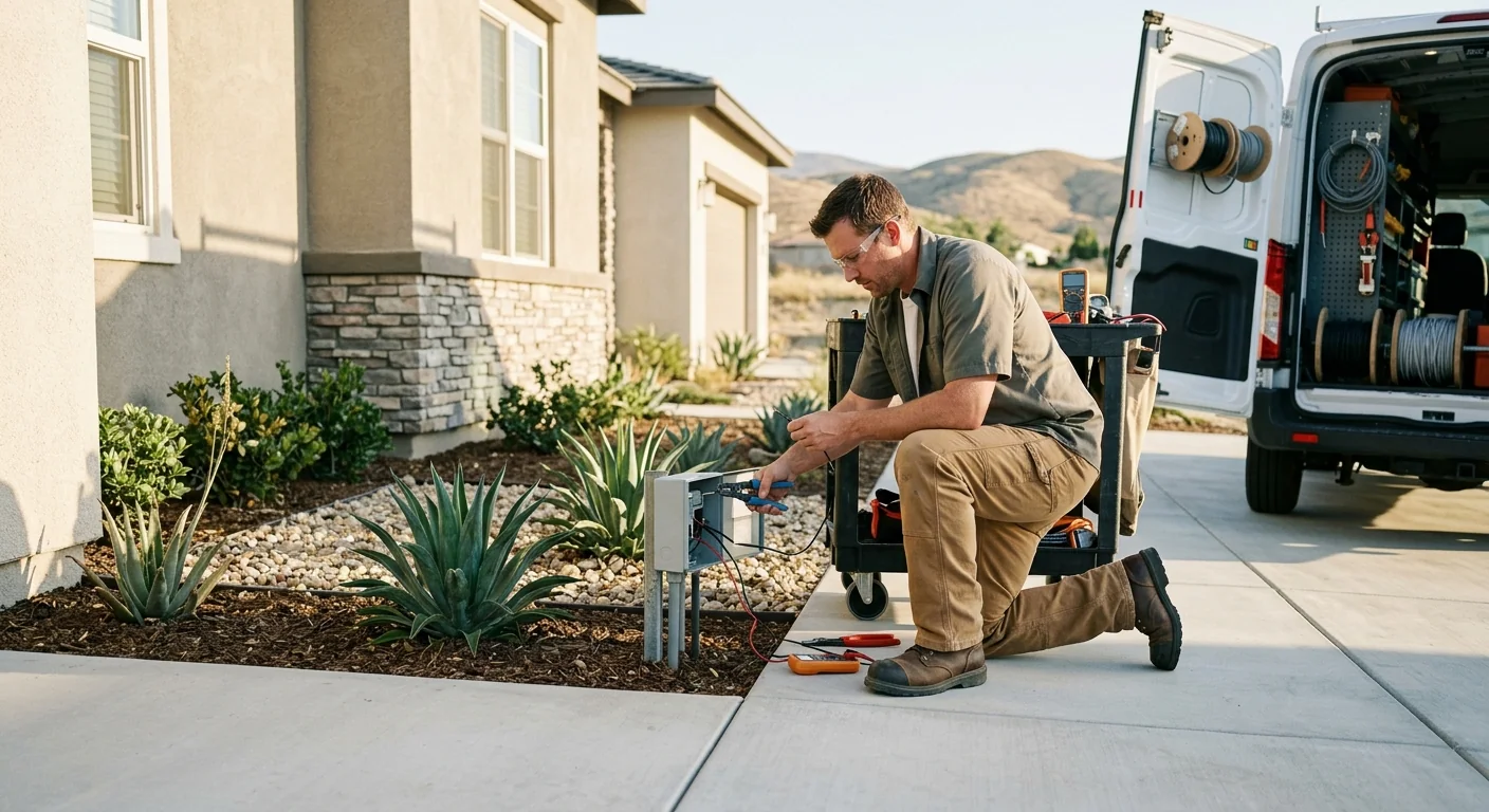 Technician assessing standby generator placement beside a Beaumont home service panel