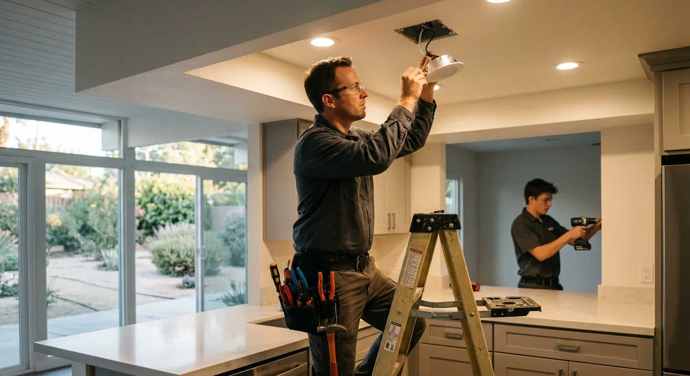 Electrician connecting a standby generator beside a well-kept Beaumont home exterior