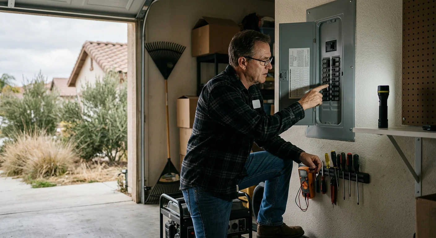 Homeowner checking a tripped electrical panel during a Beaumont power outage