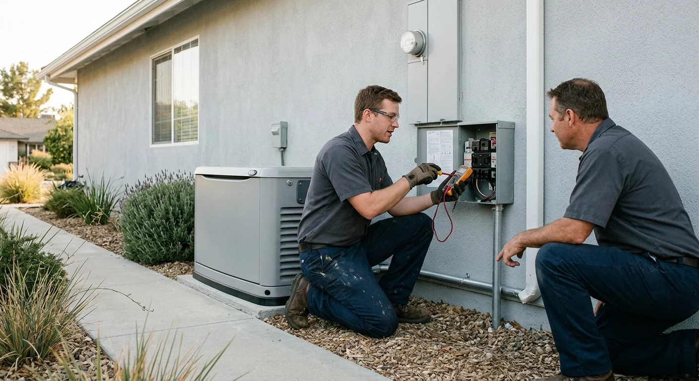 Standby generator unit installed neatly along a residential property exterior