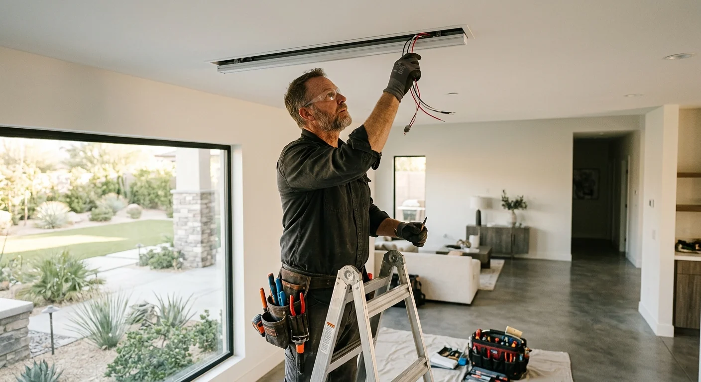 Electrician reviewing rewiring estimate and circuit layout inside a Beaumont home