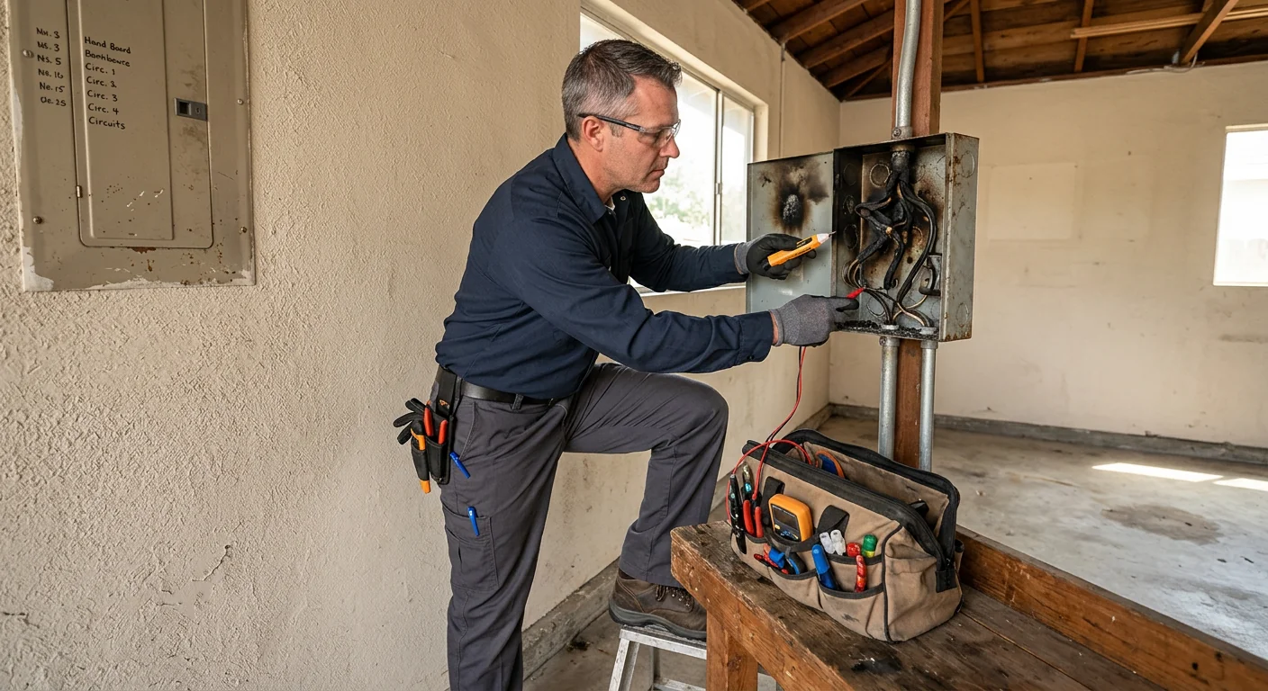 Electrician inspecting a scorched junction box inside an older Beaumont property