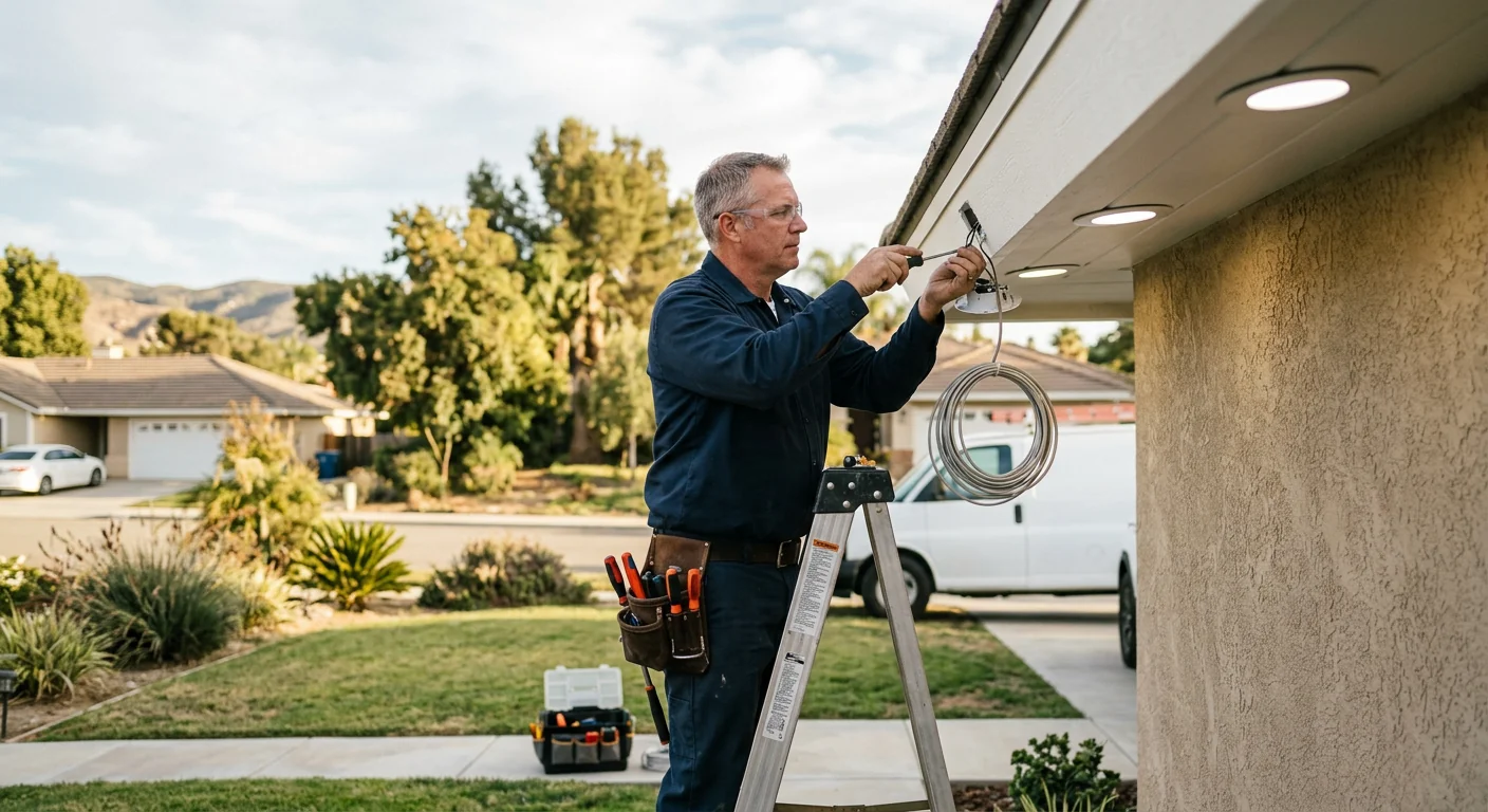 Electrician installing recessed LED ceiling lights inside a bright Beaumont living room
