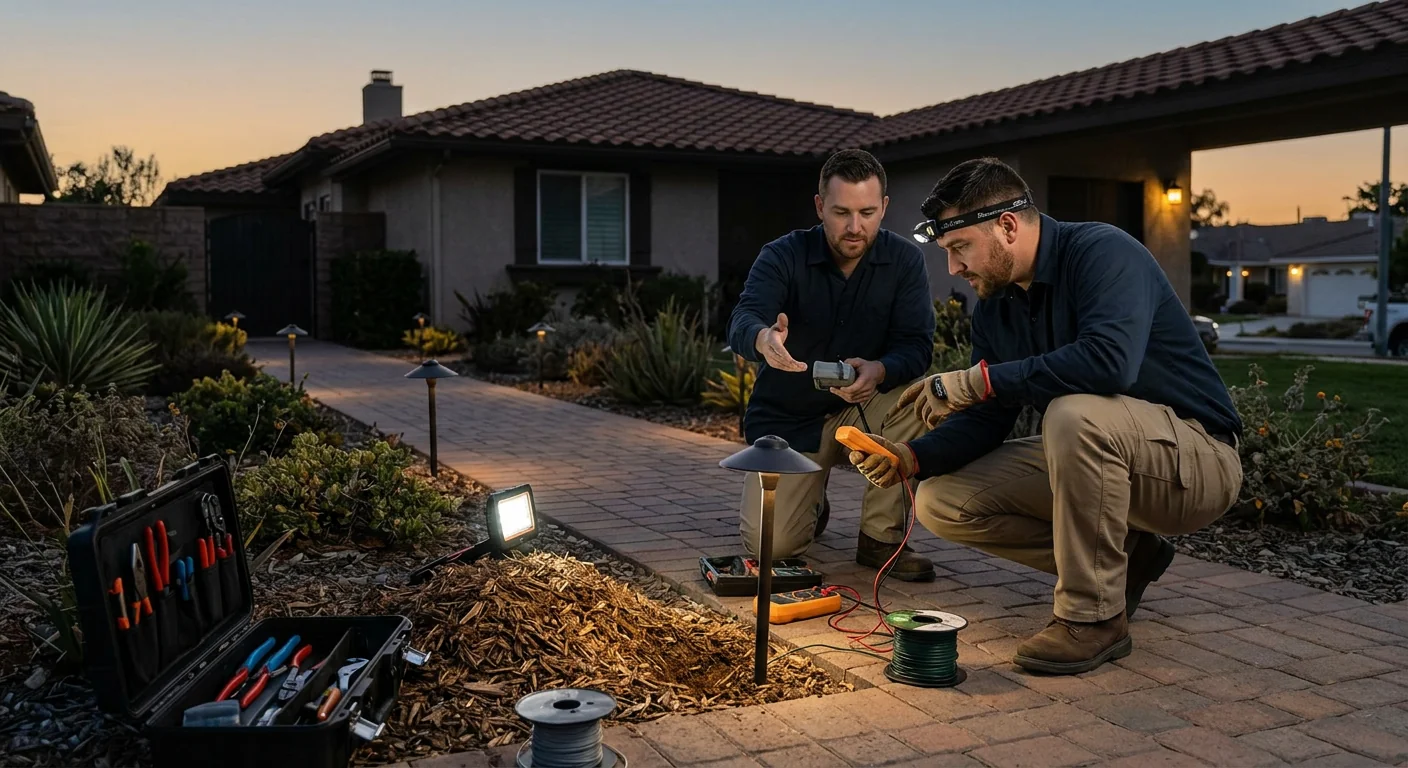 Dark exterior walkway with failing landscape lights along a residential Beaumont property