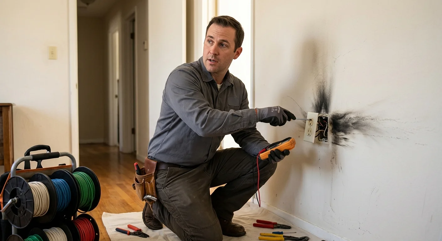 Worn two-prong outlet showing scorch marks on an older Beaumont home wall