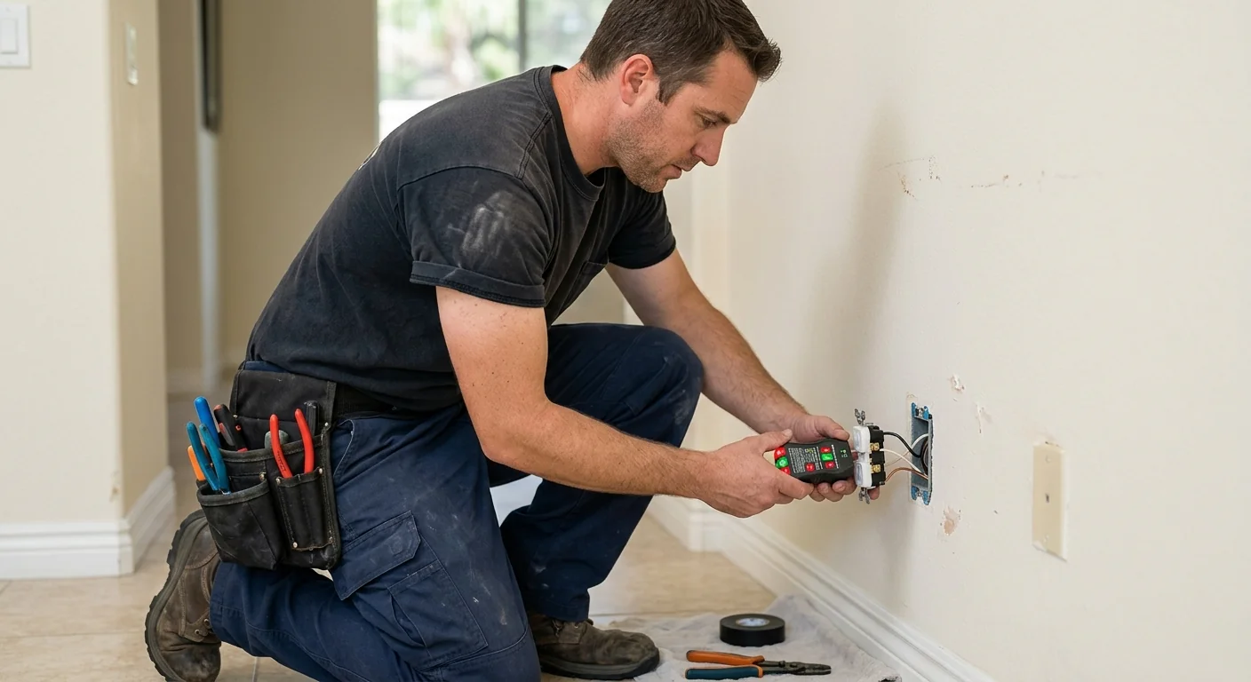 Electrician testing receptacle polarity during an outlet upgrade in Beaumont